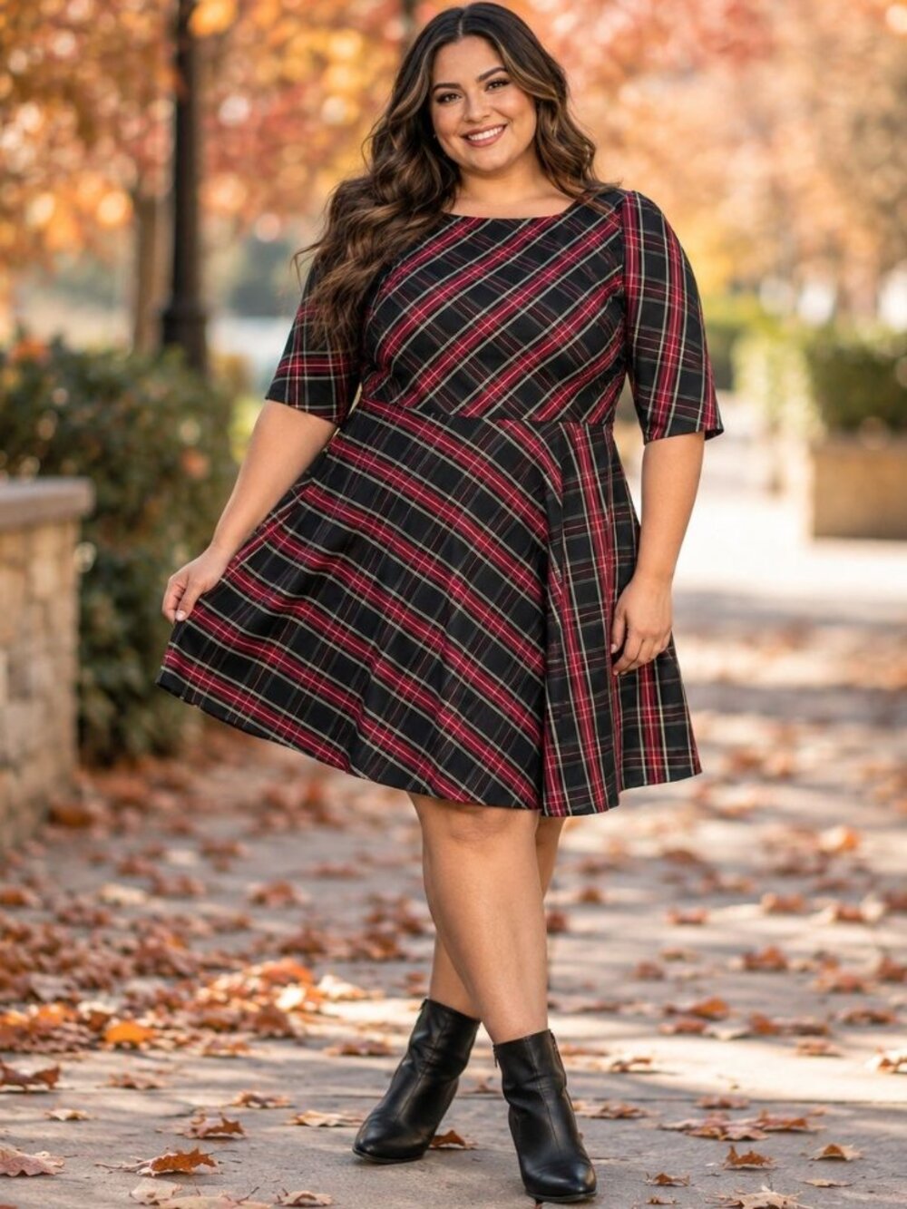 Unique Vintage Fit & Flare Midi Dress Plaid Retro Stretch A-Line Swing Plus 3X
